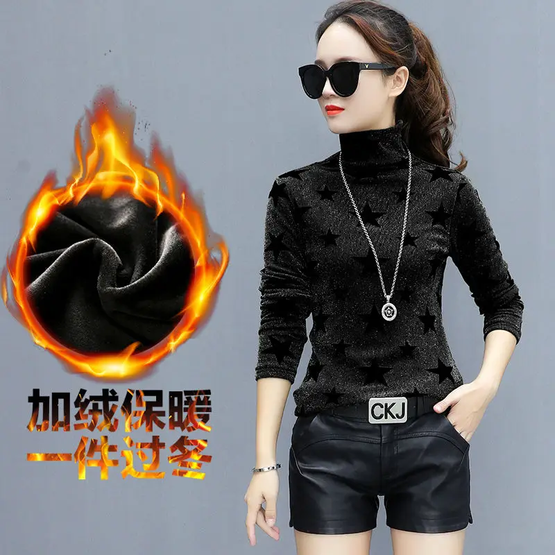 

Autumn and winter Plush bottoming shirt women's slim high collar long sleeve printed T-shirt warm and thin