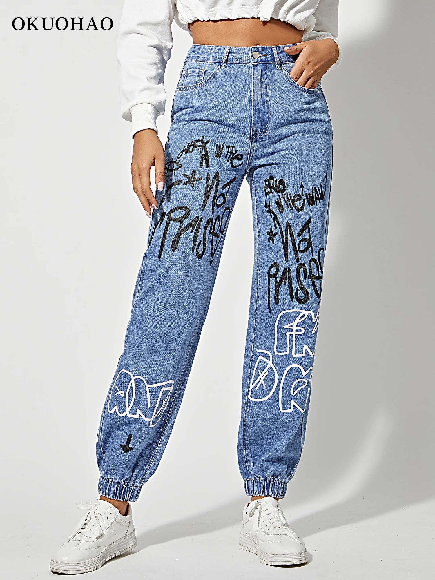 พิมพ์ตรงกางเกงยีนส์ผู้หญิง Denim กางเกงจดหมายรูปแบบสตรี Rise Jogger Denim กางเกงยีนส์เอวกางเกง