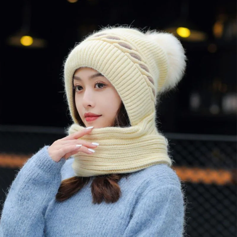 

2021 Winter Beanie Hats Scarf Set Warm Knit Hat Skull Cap Neck Warmer with Thick Fleece Lined bonnets for women