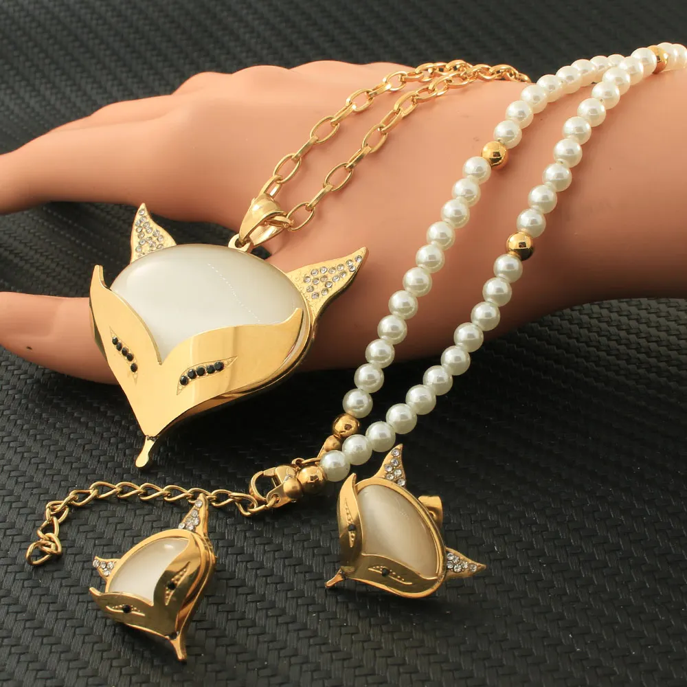 

Fashion Long Sweater Chain Stainless Steel Jewelry Sets For Women Gold Color Fox Necklace And Earrings SDNZCOCF