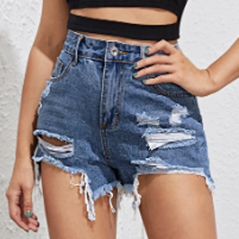 

High Waist Denim Shorts For Women 2021 Summer New Blue Ripped Elastic Jean Short Skinny Casual Female Washed Comfortable Shorts