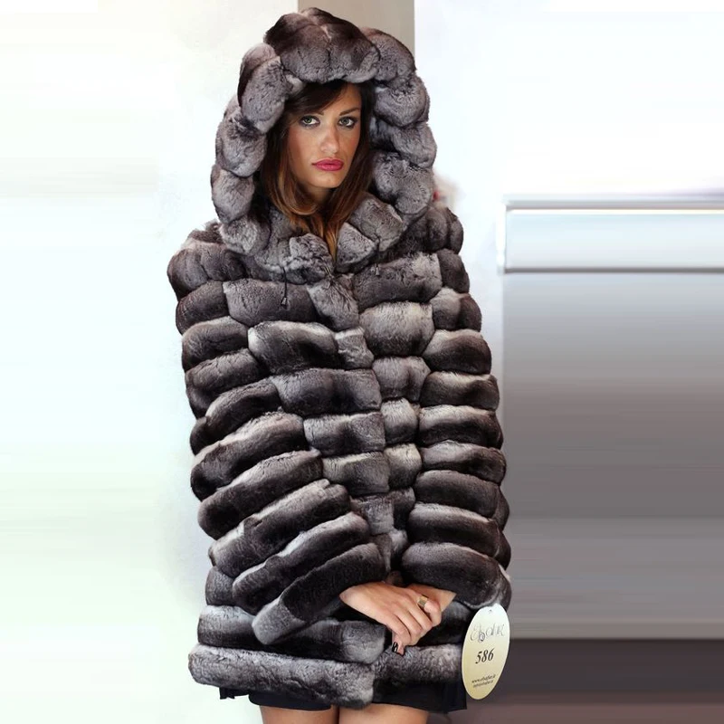 BFFUR 130cm Long Real Rex Rabbit Fur Coat With Hood Whole Skin Genuine Rex Rabbit Chinchilla Color Jacket Natural Women Overcoat