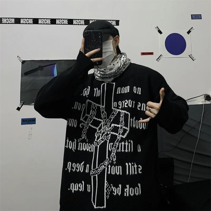 

Oversized Men Sweater Brand Cross Letter Fashion Printing Hip Hop Streetwear Long Sleeve Spring Outdoors Knitwear Sweater Unisex