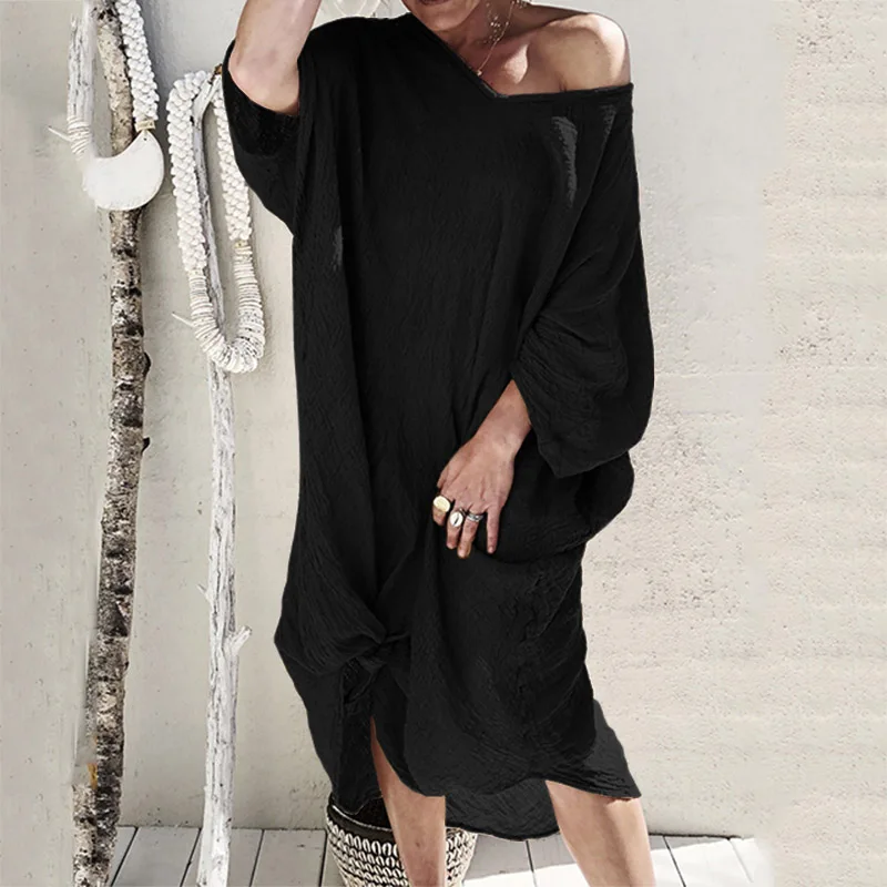 Black ZANZEA женское летнее платье с рукавом длиной до колена Vestidos Летний Пляжный сарафан Сексуальное Женское Платье с v-образным вырезом - Color: Black