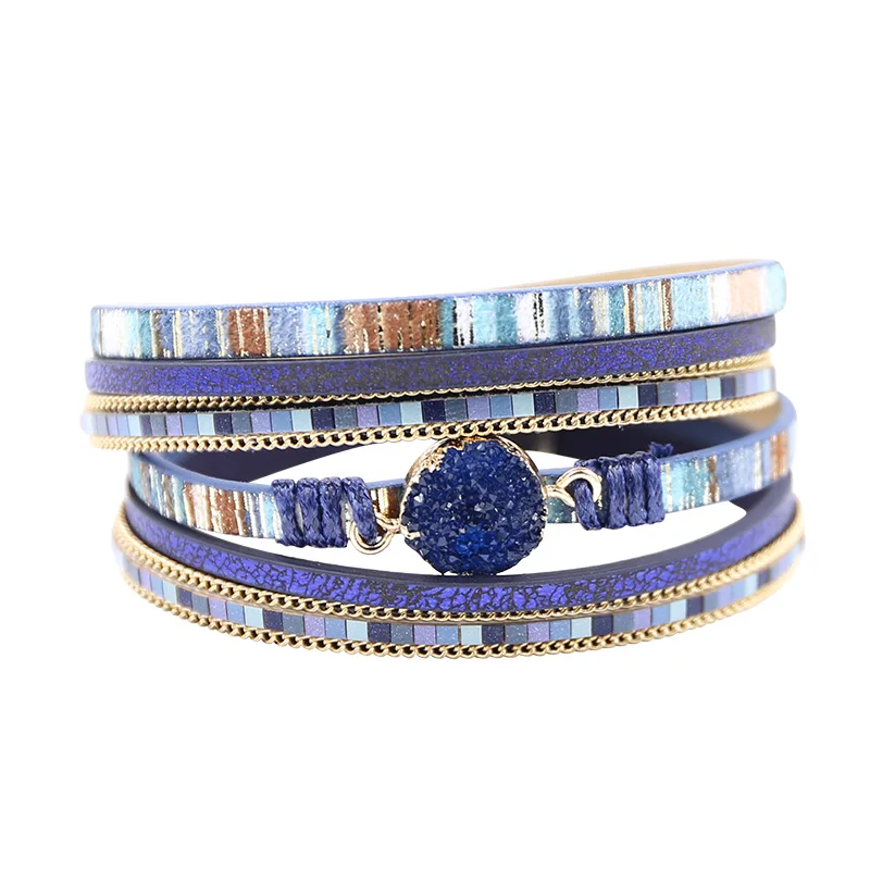 2-blue-41.5cm Бежевые кожаные браслеты для женщин, многослойный Druzy браслет, Винтажный Золотой кулон с перьями, браслет ручной работы, ювелирное изделие - Окраска металла: 2-blue-41.5cm