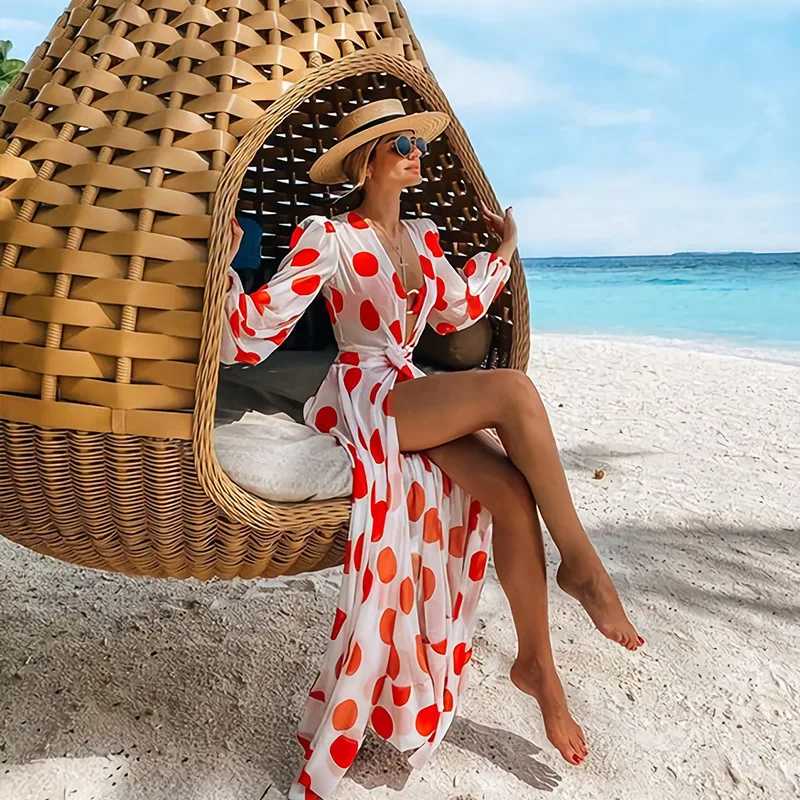 

Beach Style Summer 2020 Women Dress Casual Dot Deep V-neck Sexy Dress Long Sleeves Maxi Dress