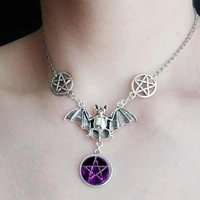 fashion gothic flying bats with purple glass pentagram pendant necklace choker handmade jewelry for women