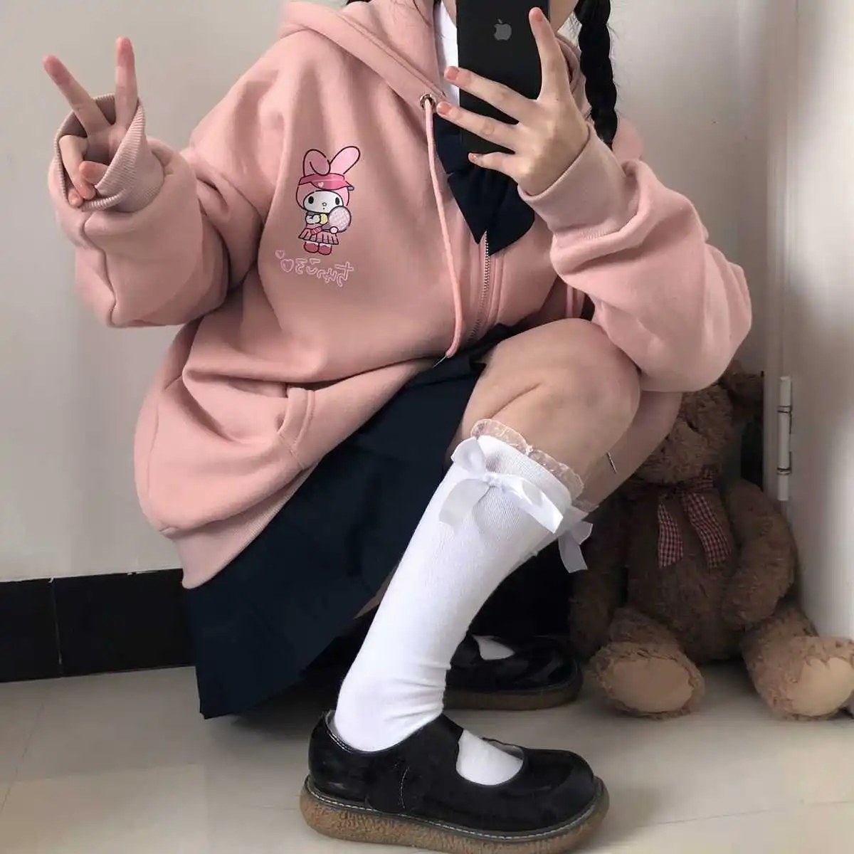 

Preppy Jacket Spring Autumn Japanese College Style Cute Cartoon Print Loose Plus Fleece Thick Hooded Coat Girl Student Kawaii