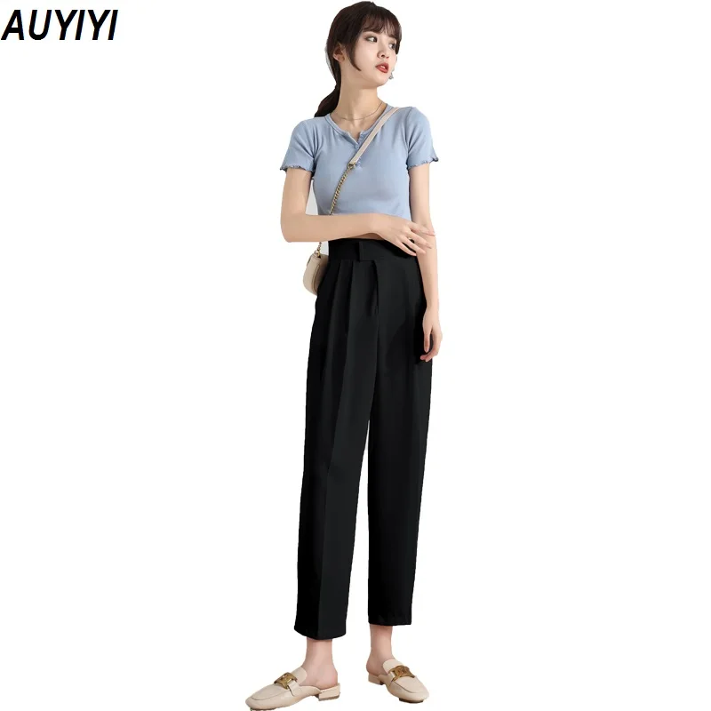 

AUYIYI High Waist Velcro Suit Pants Women 2021 Summer Fashion And Comfortable New Casual Loose And Thin Straight Harem Pants