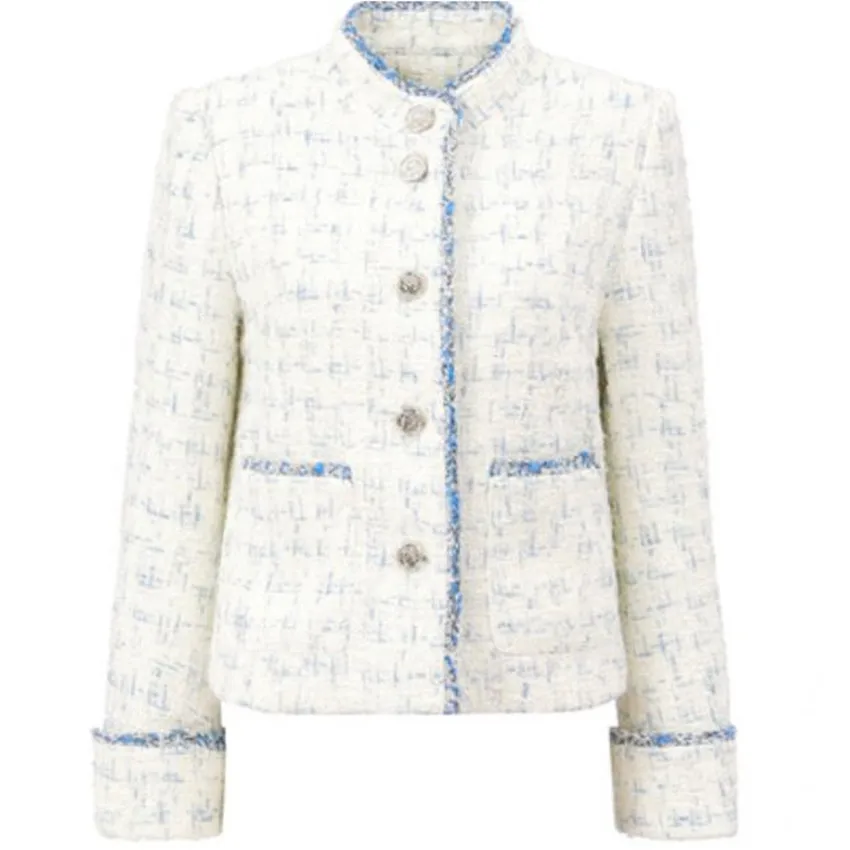 

French style spring retro tweed weave jacket women stand collar small fragrance short outwear