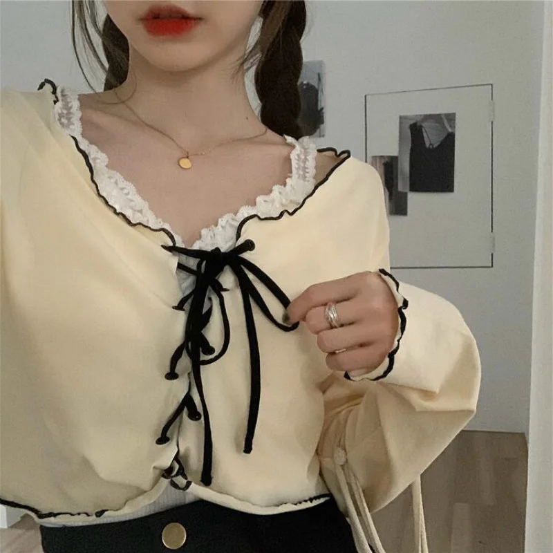 

Women Long Sleeve T-shirts Lace-up Patchwork Ruffles Trendy Sweet Lovely Crop Tops Sexy Females Leisure Chic All-match Outwear
