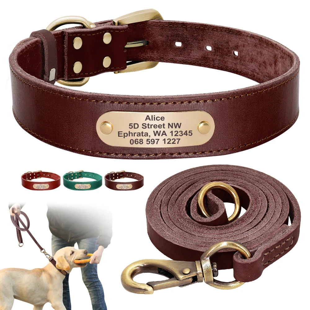 Real Leather Dog Collar Leash Set Personalized Genuine Leather Dog Pet Collars Leashes Custom for Small Medium Large Dog Pitbull