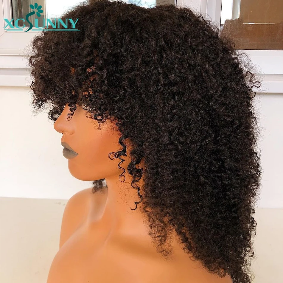 Kinky Curly Wig Human Hair Wigs With Bangs 20inch Remy Brazilian O Scalp Top Full Machine Made Wig Glueless For Women xcsunny