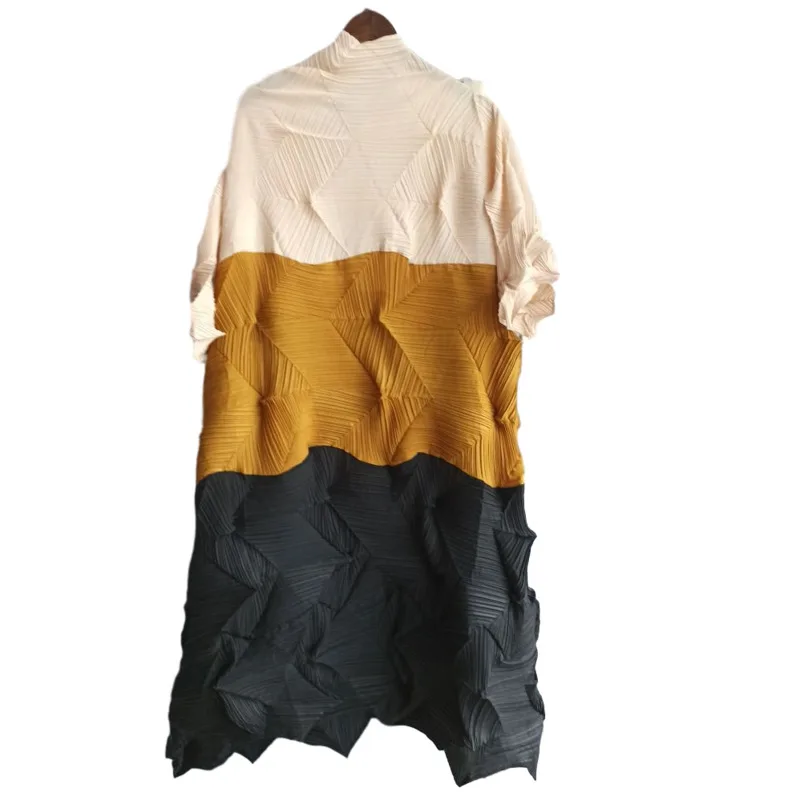 

Stand Collar Hit Color Long Pullover Dress Women 2021 New Spring Vintage Loose Temperament Pleated Dress Tide Pd144