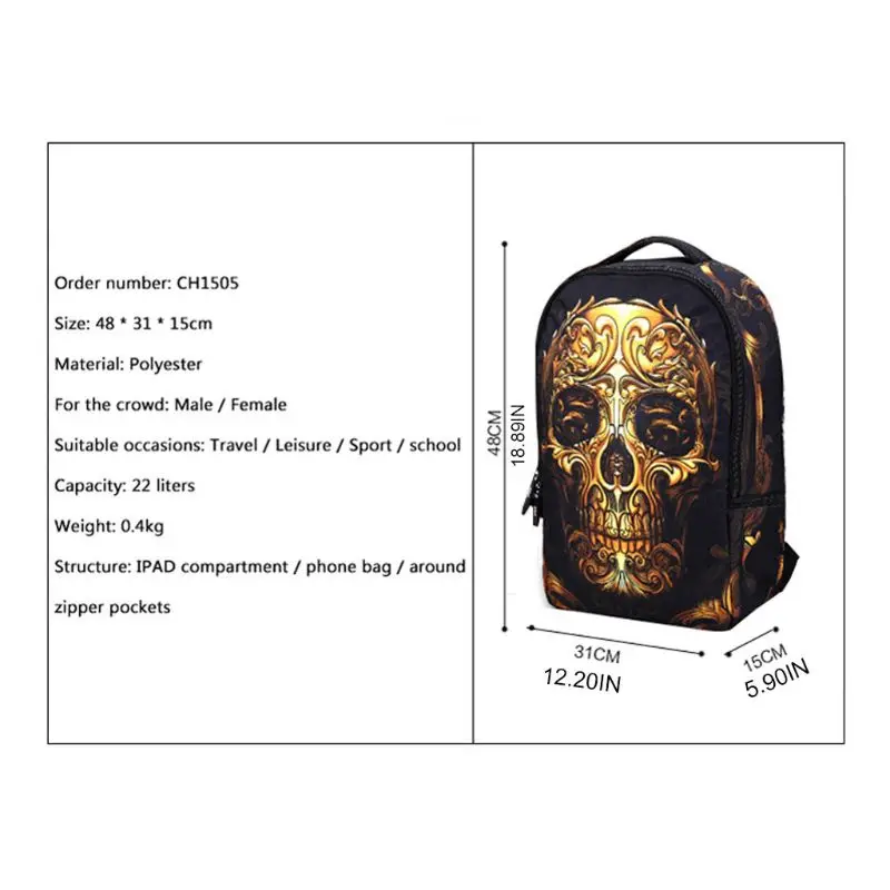 

Skull School Backpack 22L Bag High Middle Bookbag for Men Women Boys Girls New
