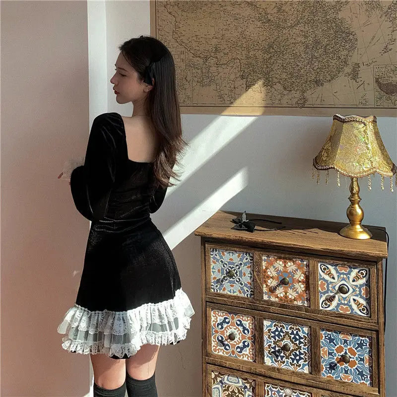 

Black Gothic Dress Women Winter Vintage Lace Patchwork Mini Dress Female French Style Japanese Kawaii Korean Dress Women 2021