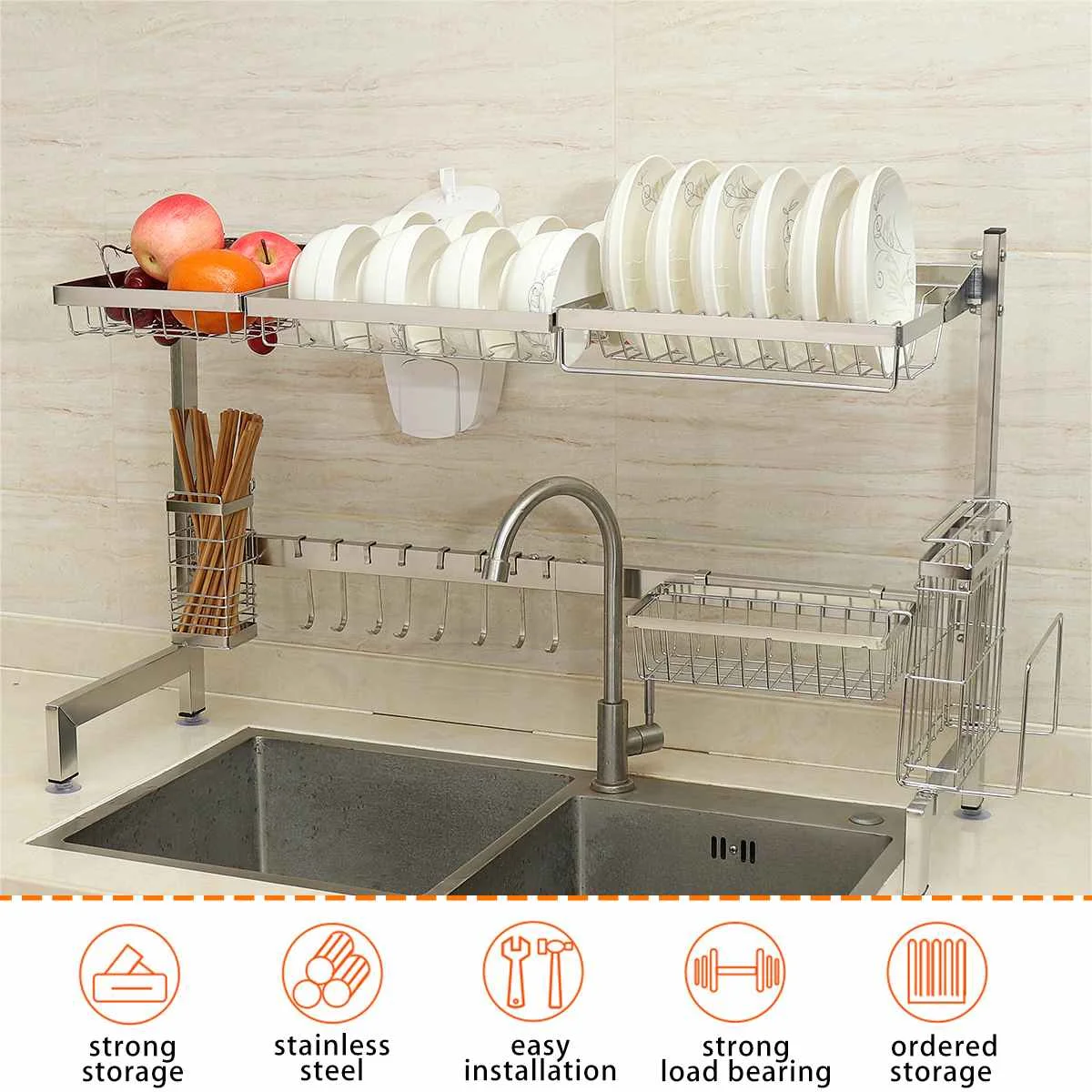 

Stainless Steel Kitchen Shelf Organizer Multifunction Dishes Drying Rack Over Sink Drain Rack Spice Countertop Utensils Holder