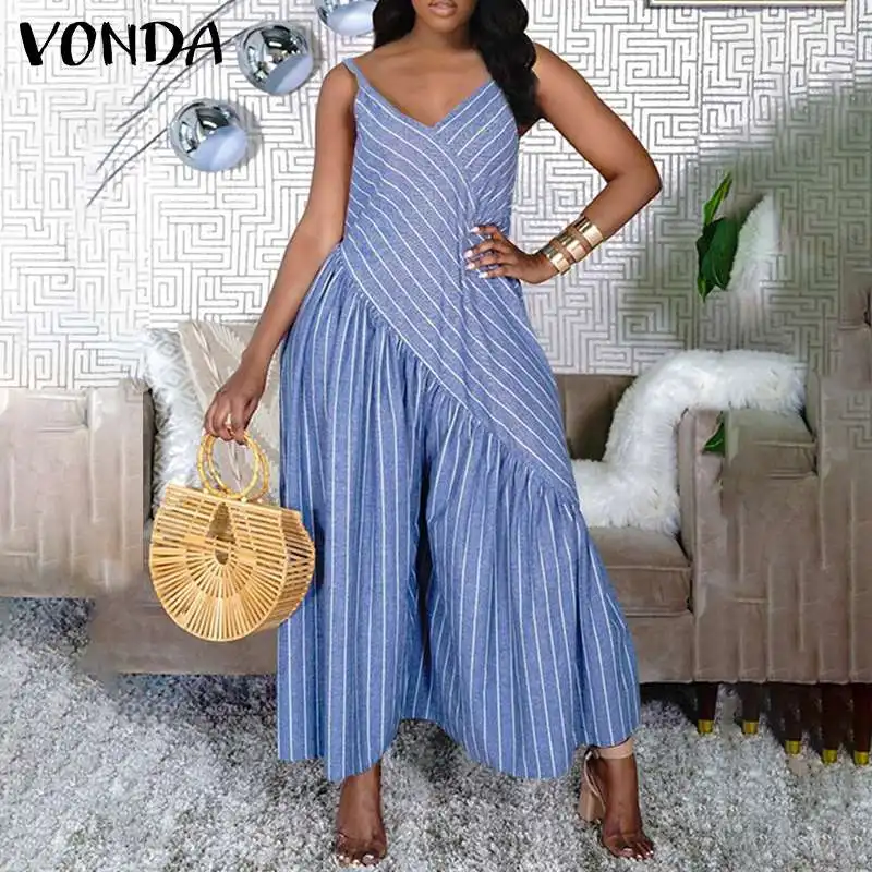 

VONDA Women Beach Dress Vintage Striped Printed Dresses Summer Sleeveless Pleated Beach Sundress Femme Strapless Party Robe