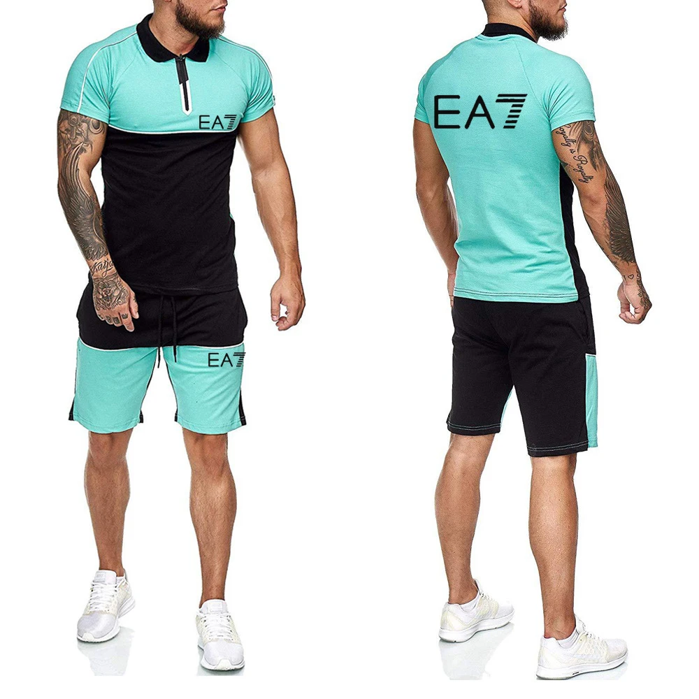 

Men Casual Set Fashion 2 Pcs Sweat Suit Short Sleeve Zipper T-shirt Shorts Sets Male Sportswear Tracksuit Summer Sports Suit2021