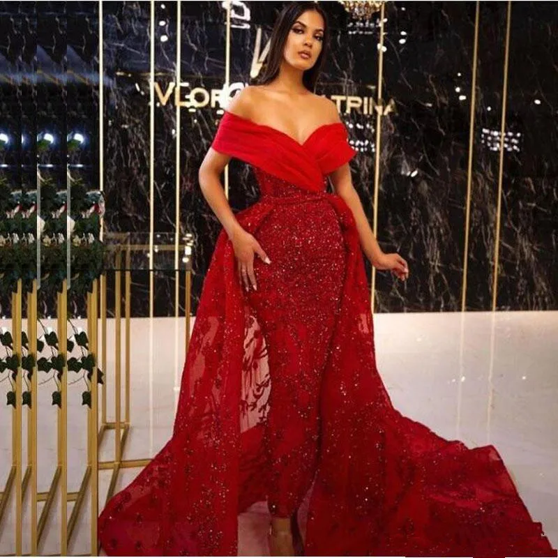

Luxury Mermaid Evening Dresses Red Off Shoulder Sequined Appliques Prom Party Gown With Detachable Train Robe de mariée