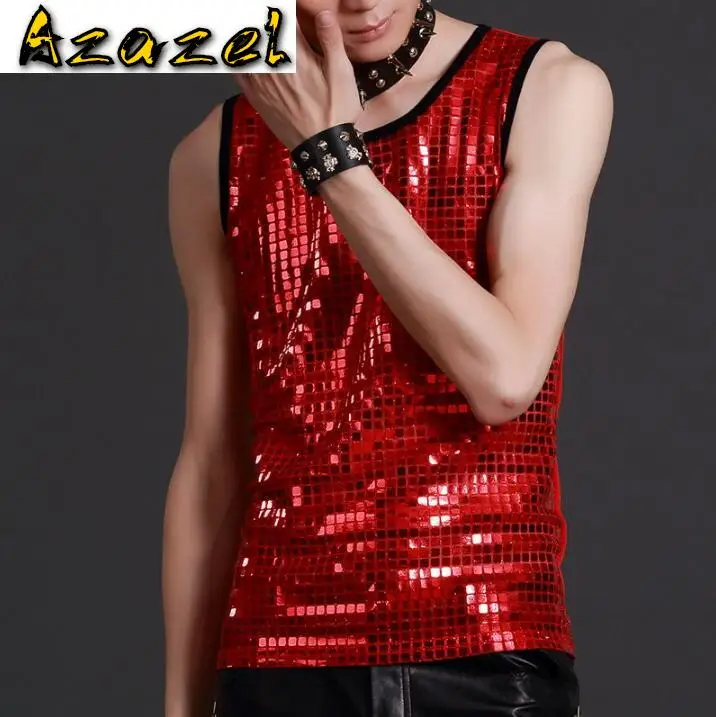 

Azazel Free shipping Nightclub male singer DS slim sequined red vest costume Bar Fashion Stitching Men stage trend Vests