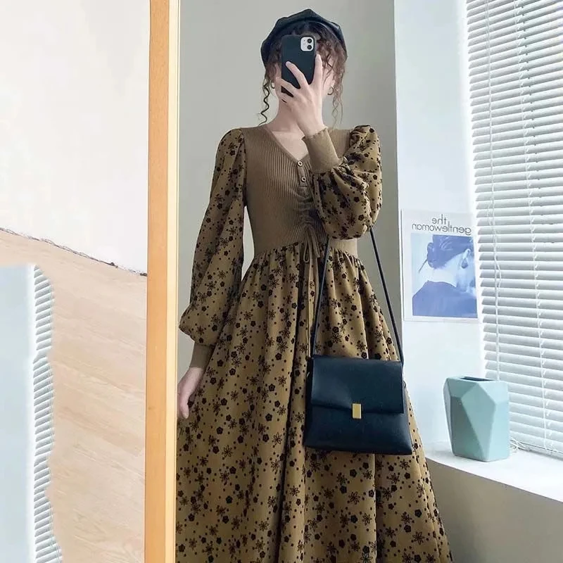 

Винтажное платье средней длины с цветочным рисунком, женское весеннее платье-трапеция с длинным рукавом, женские платья, женское платье со ...