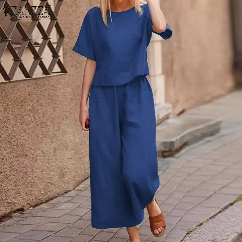 

Однотонные комплекты, летние женские повседневные винтажные свободные хлопковые брюки ZANZEA, топы с широкими штанинами и коротким рукавом