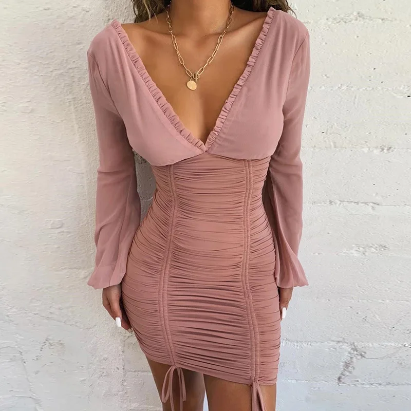 

New women's wooden ear long sleeve V-neck backless pleated slim dress temperament stitching pencil skirt sexy