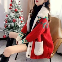 red christmas sweater cardigan women thickened autumn winter 2022 new loose super fire knitted jacket