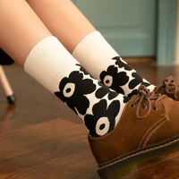 ca078 5pairspack cute sock japanese style women flower cotton socks girls comfortable calf socks black white coffee