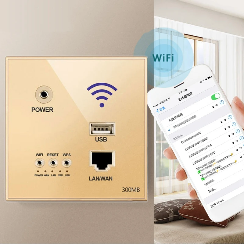 

86mm 300Mbps Wall Router with USB Socket 110V/220V Smart Wifi Repeater Extender Wall Embedded 2.4Ghz Router Panel