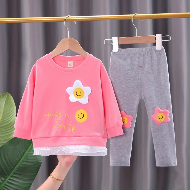 

2022 Spring Autumn Girls Clothing Casual Baby Clothes Children Suit Infant Cartoon Flowers Sweatshirts Sports Pants Kids Sets