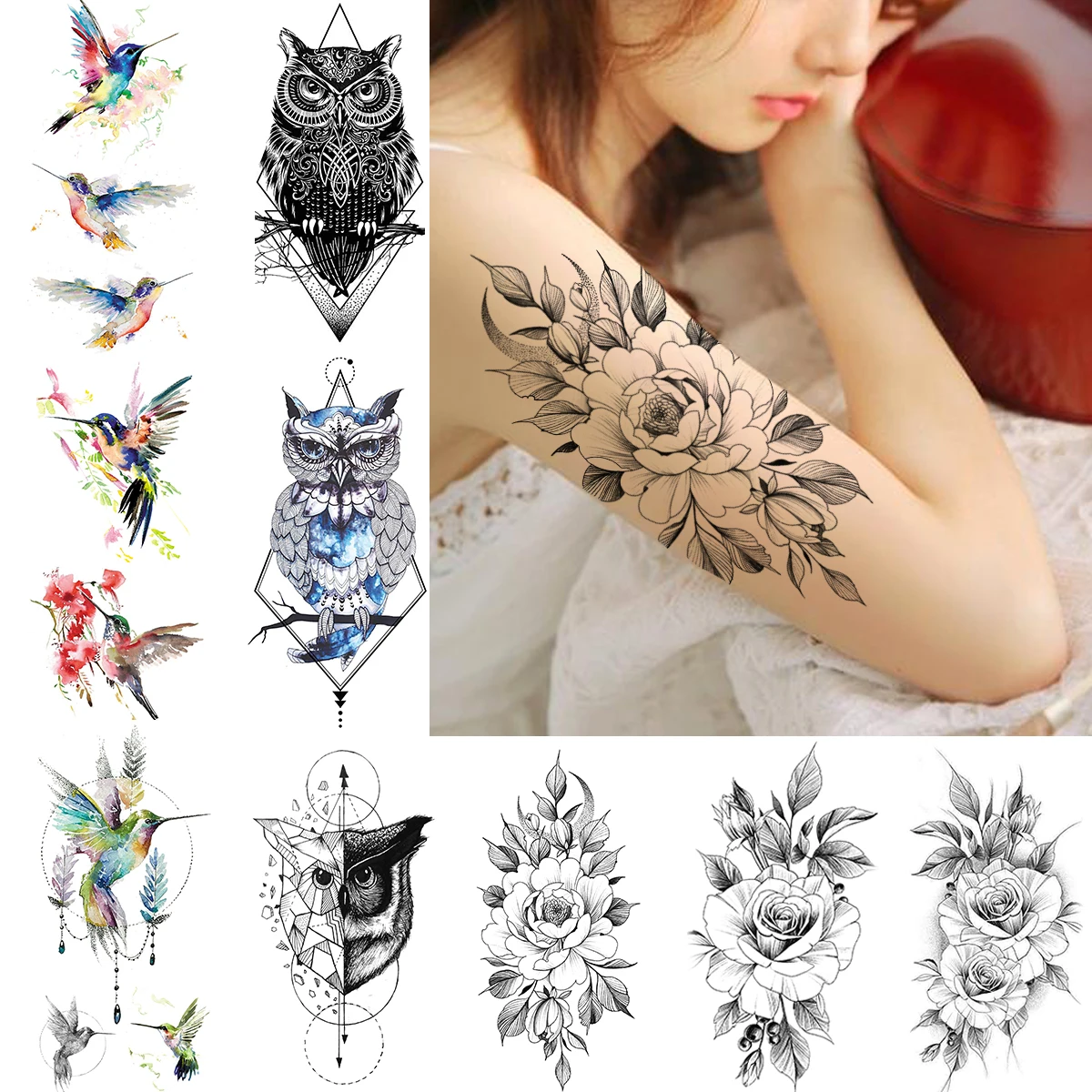 Алмазные Ромбы Сова временные татуировки для женщин полумесяц цветок тату на