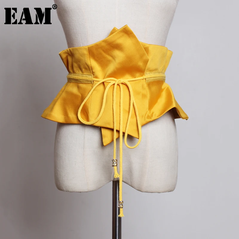 

[EAM] Yellow Irregular Double Layers Bandage Wide Long Belt Personality Women New Fashion Tide All-match Spring 2023 1U209
