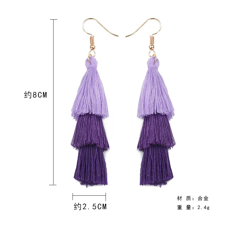 Длинные трехслойные серьги подвески из шелка с кристаллами 8 цветов черные