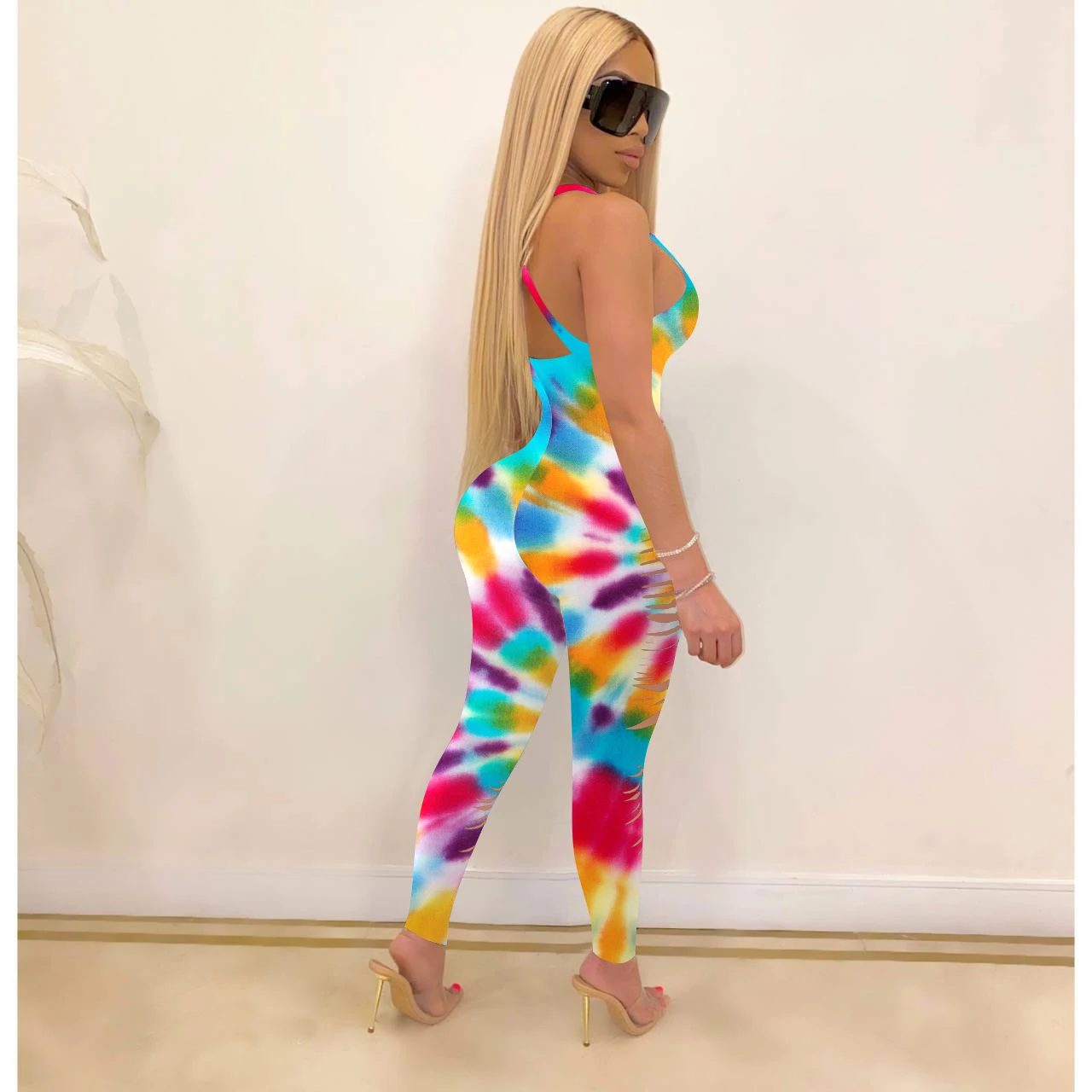 

Summer Women Bodycon Printed Jumpsuits Sleeveless Romper Bodysuit Slim Clubwear Backless Club Wear Hollow Out Oufits Clothing