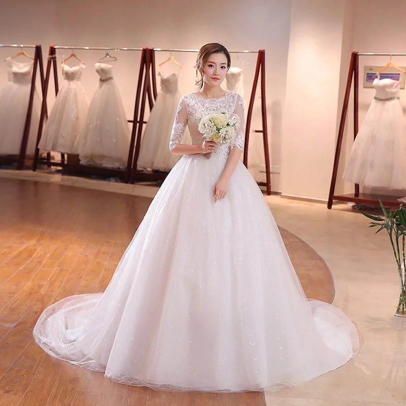 

White Lace Appliques Long Train Wedding Dresses Off The Shoulder Half Sleeves Wedding Gowns Bridal Dresses Robe De Mariee
