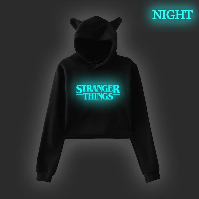 

Stranger Thing Luminous Korean Hoodie Womens Sweatshirts Crop Winter Tops Female Pink Cat Ear Spring Autumn Pink Black Clothing