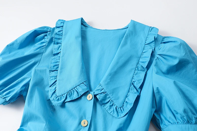 

[EAM] Women Blue Pleated Long Temperament Dress New Lapel Short Puff Sleeve Loose Fit Fashion Tide Spring Summer 2021 1DD8976