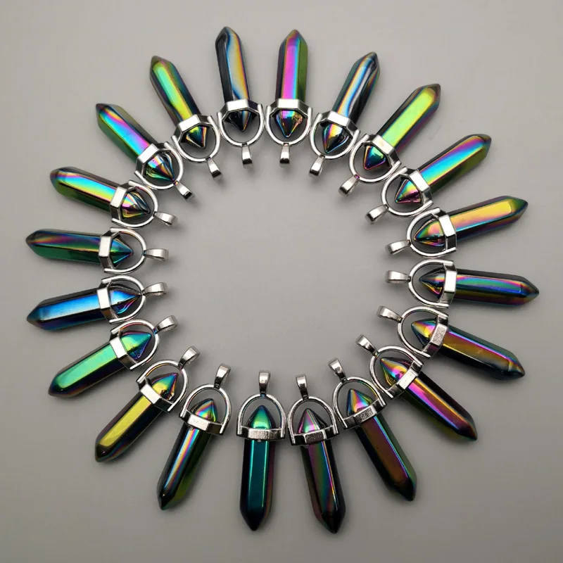 

Colourful glass fashion 24pcs /lot charm Rainbow Pendants for Jewelry making Hexagonal pillar Healing Reiki Chakra wholesale