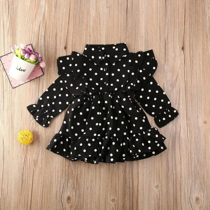 1-7Y Toddler Baby Girls Dress Clothes Princess Long Sleeve Ruffle Swing Dot Print Casual Outfits | Детская одежда и обувь