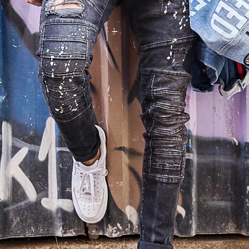 New Men Jeans Elastic Casual Splash Ink Mens Pants High Street Slim Pencil Pants Denim Jeans for Men Fashion Boyfriend Jeans 90s