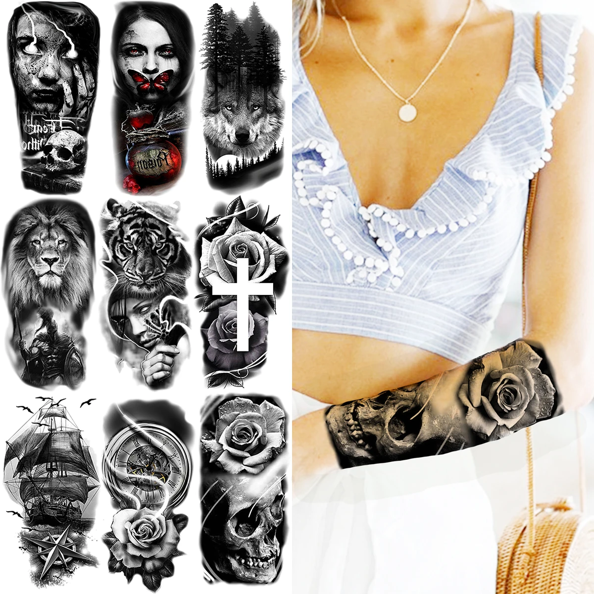 

Skull Rose Flower Temporary Tattoos For Women Men Halloween Vampire Lion Tiger Boat Knight Fake Tattoo Sticker Arm Body Tatoos