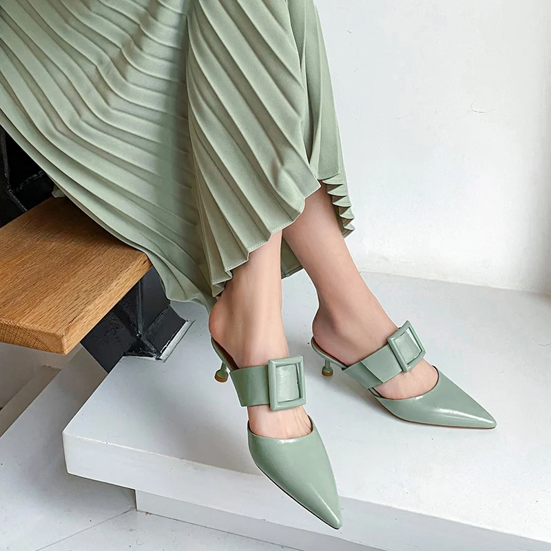 

RIZABINA Real Leather Women Sandals Fashion Buckle Thin High Heel Summer Shoes Woman Slipper Sexy Party Lady Footwear Size 34-39