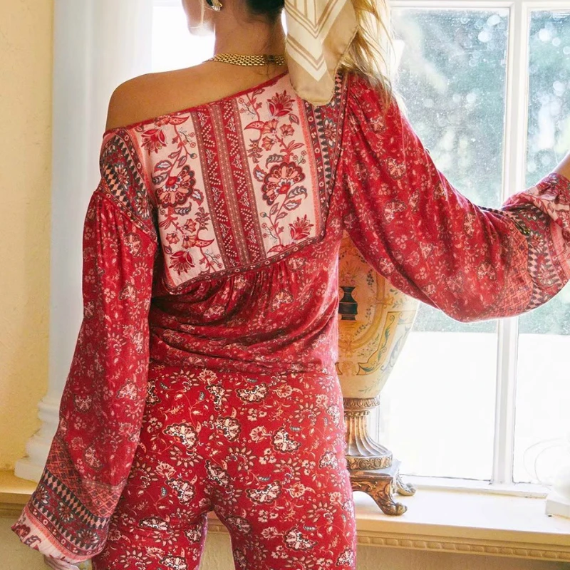 Винтажная шикарная Женская богемная блузка с цветочным принтом и V образным