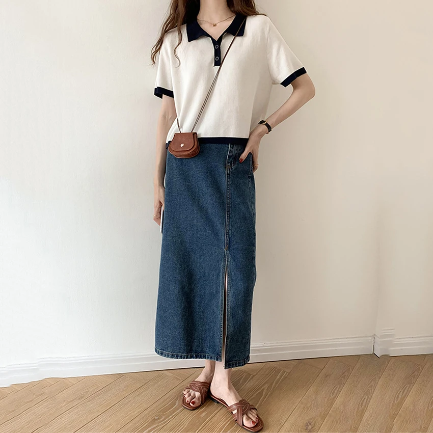 

Korean Fashion White T Shirt Women Short Sleeve Patchwork Knitted T-Shirt Female Crop Top Summer High Street Tee Shirt Femme