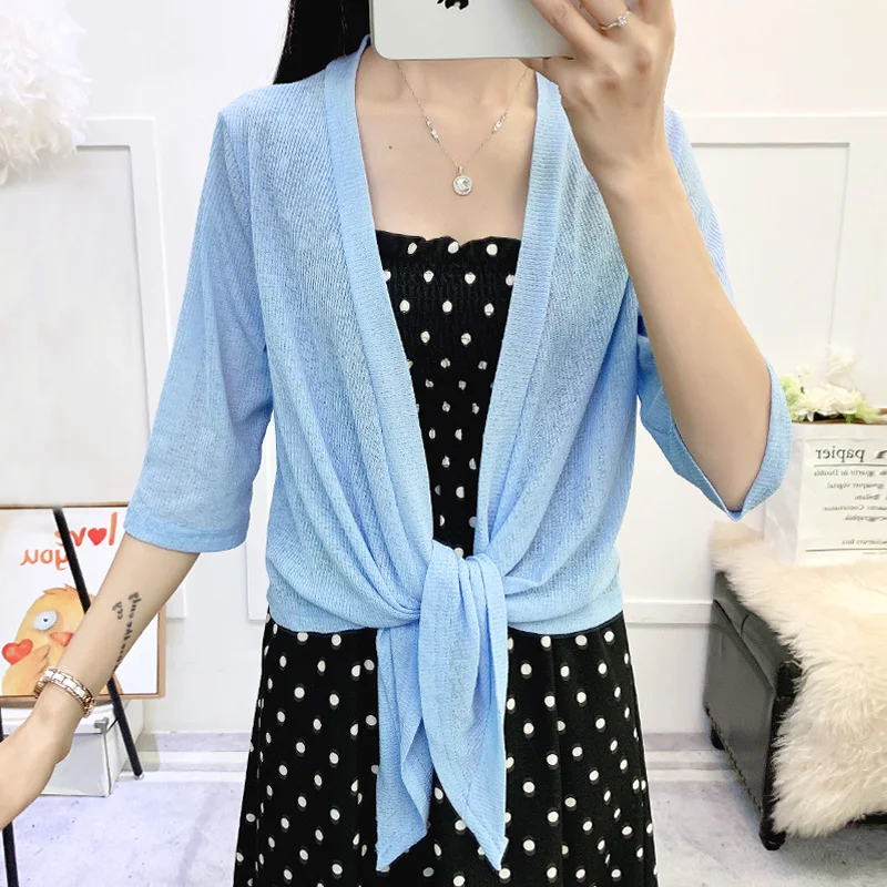 

Summer Half Sleeve Thin Knitted Cotton Jacket Women Casual Sunproof Cardigan Ladies White Black Outerwear Plus Size Office Coat