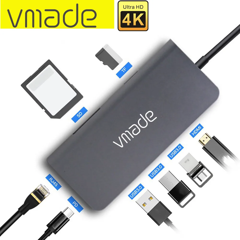 

Vmade 8 in 1 USB C Hub to 3.0 USB HDMI-compatible PD3.0 1000M RJ45 Type C Dock TF/SD card OTG Adapter For huawai P40 P20 P30