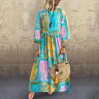 2019 new women boho floral long maxi sundress ladies o neck long sleeve holiday kaftan casual beach sundress plus size