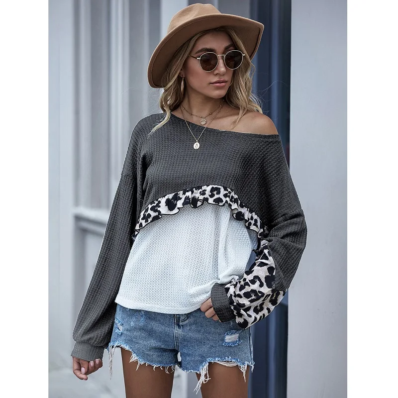 

ZOGAA Sweater Women Pullover Fall Winter New Hot Sale Solid Stitching Leopard Printed Chic Long-sleeved Top O-Neck Casual Trendy